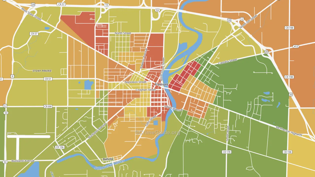 Downtown Fremont Historic District, Fremont, OH Map of Robbery Rates
