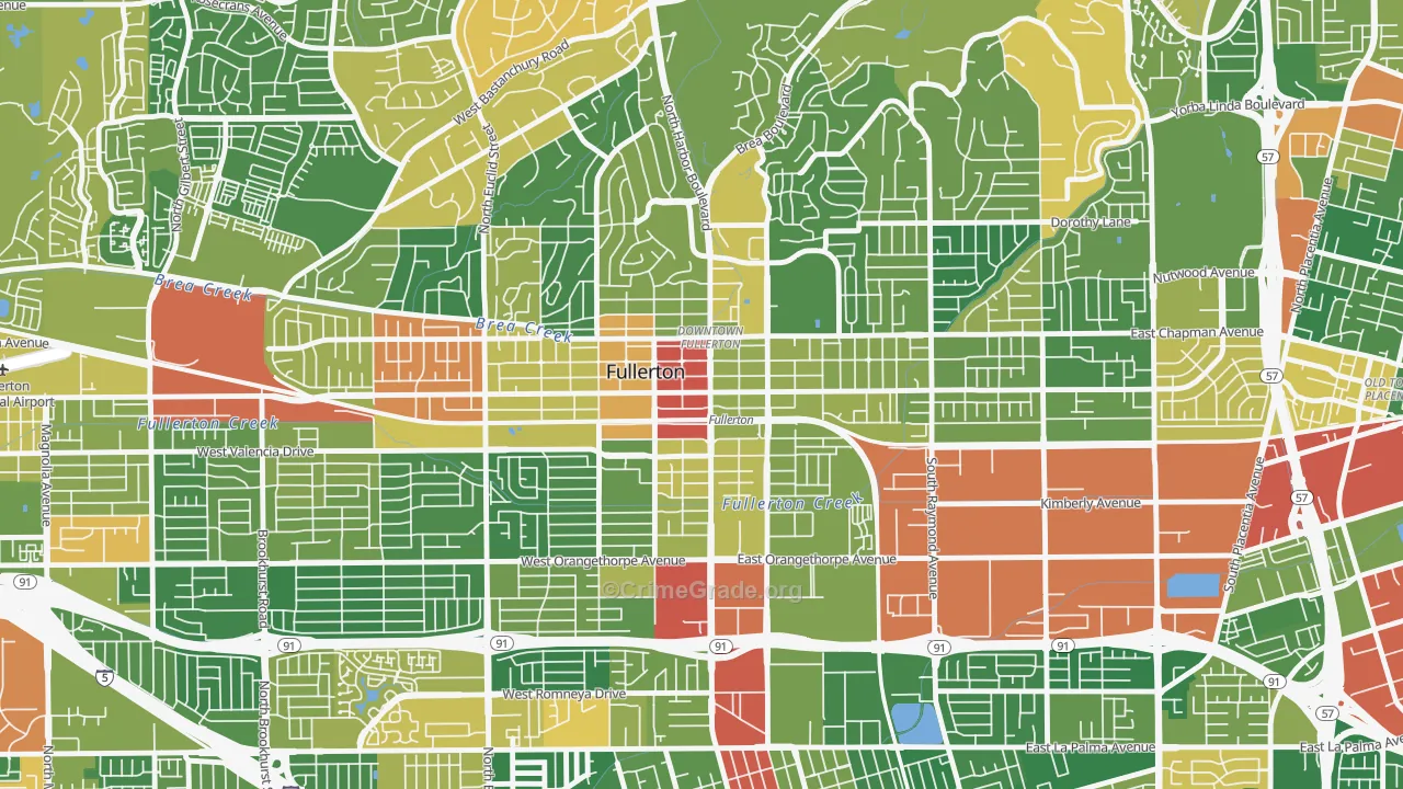 Downtown Fullerton, Fullerton, CA Map of Robbery Rates