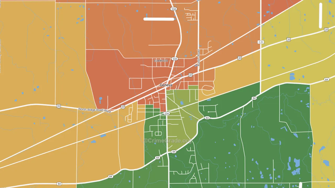 Downtown Geneva, Geneva, OH Map of Robbery Rates