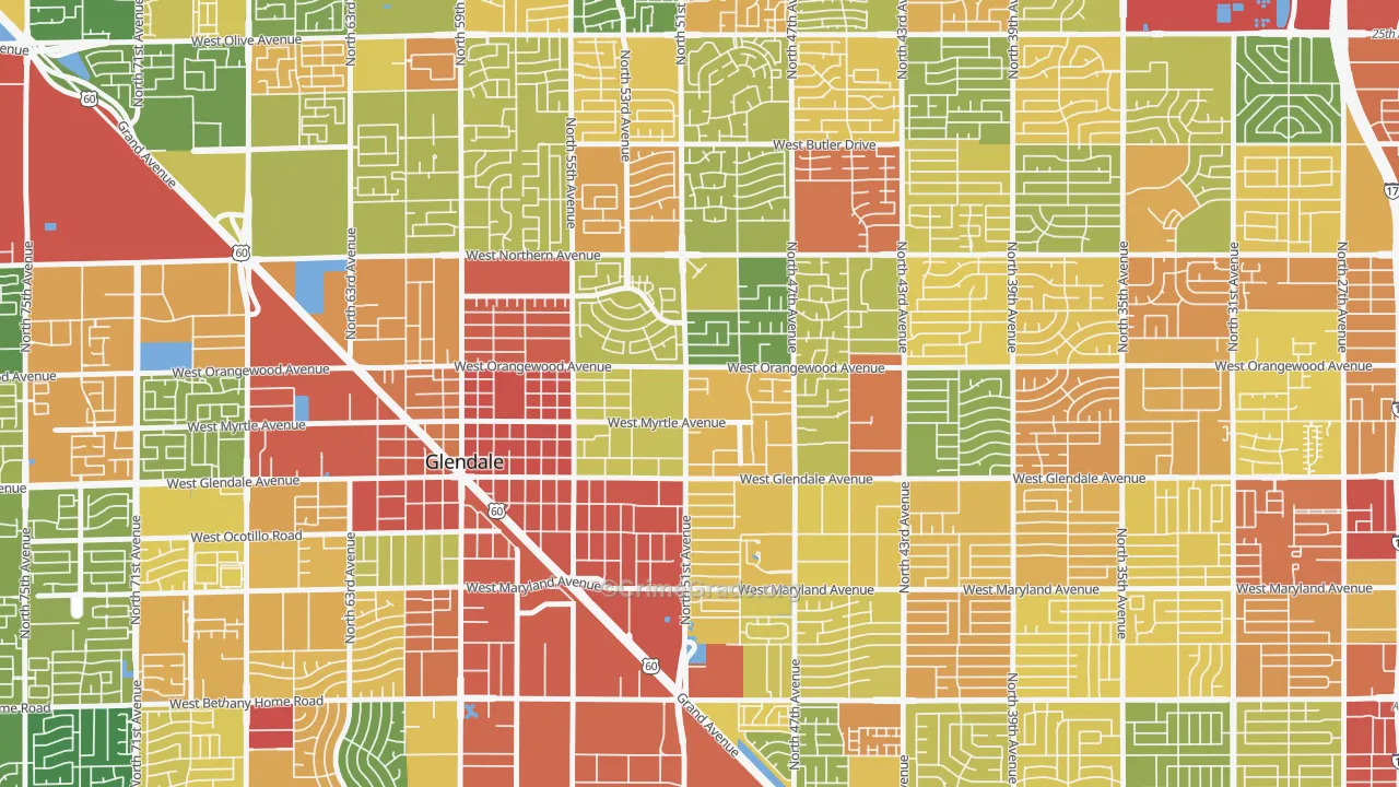 Downtown Glendale, Glendale, AZ Map of Robbery Rates