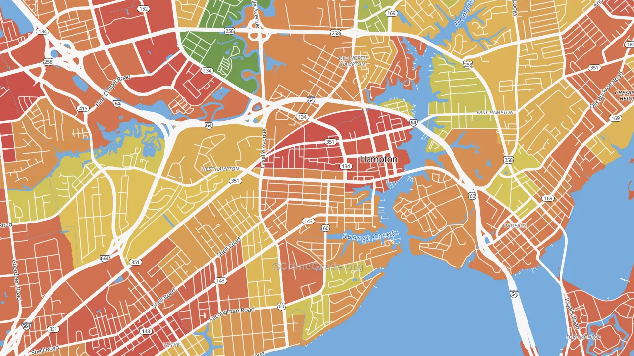 Downtown Hampton, Hampton, VA Map of Robbery Rates