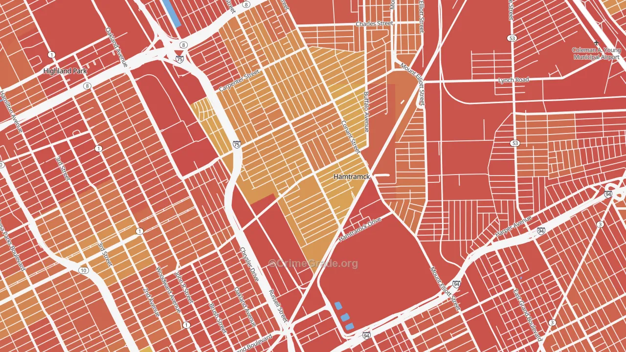 Downtown Hamtramck, Hamtramck, MI Map of Robbery Rates