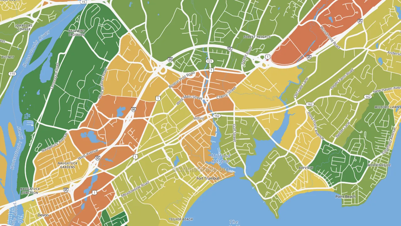 Downtown Harbor-Post Road South, Milford, CT Map of Robbery Rates