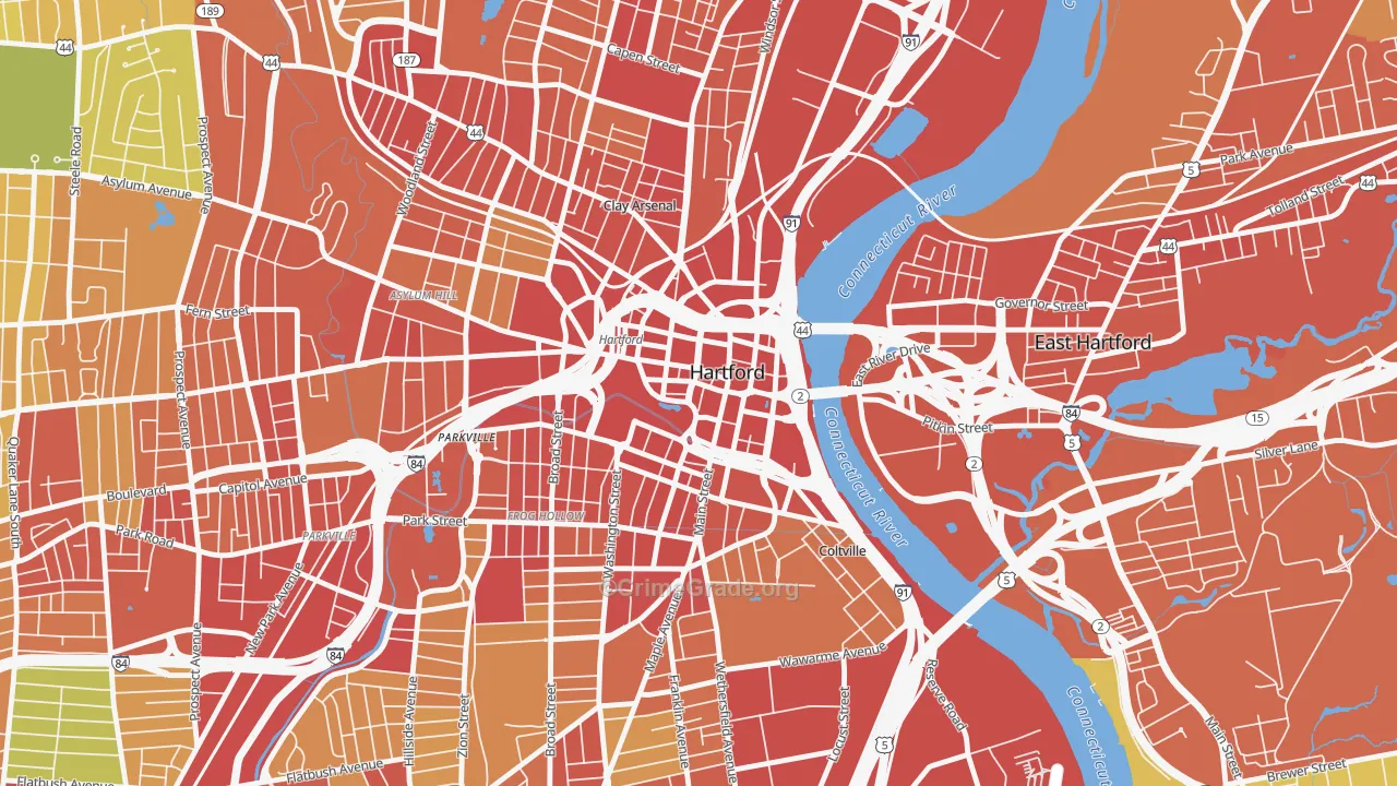 Downtown Hartford, Hartford, CT Map of Robbery Rates