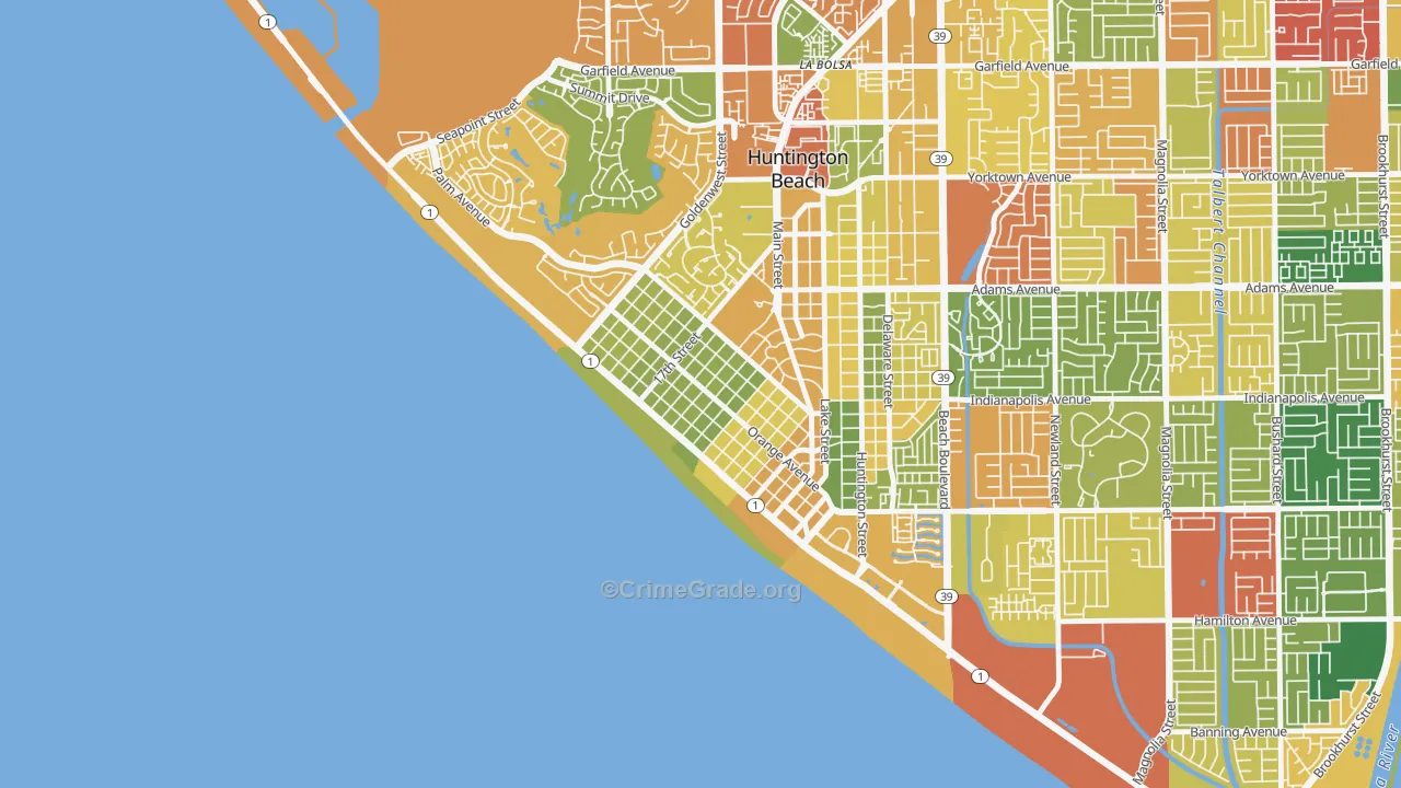 Downtown Huntington Beach, Huntington Beach, CA Map of Robbery Rates