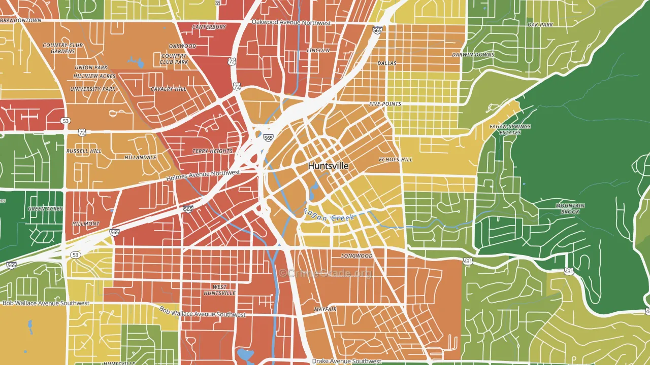 Downtown Huntsville, Huntsville, AL Map of Robbery Rates