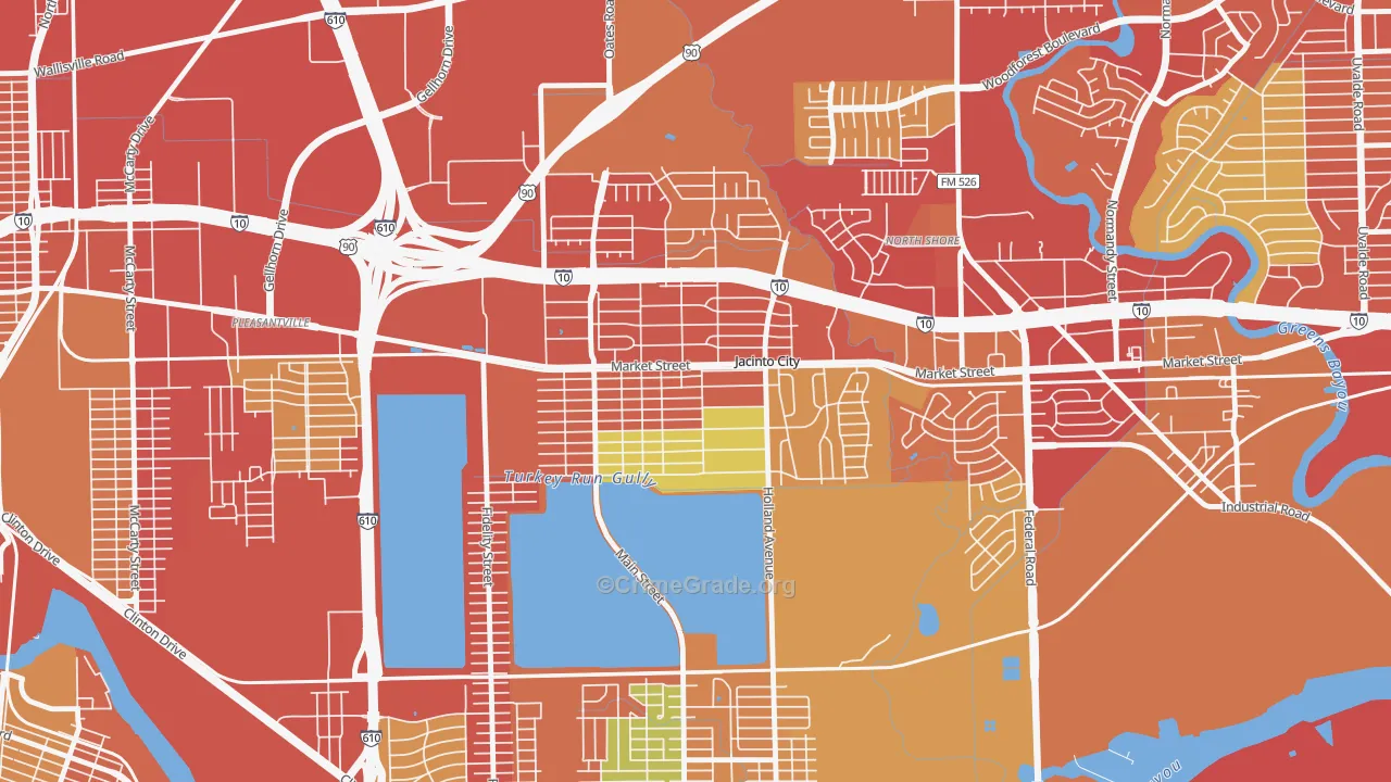 Downtown Jacinto City, Jacinto City, TX Map of Robbery Rates