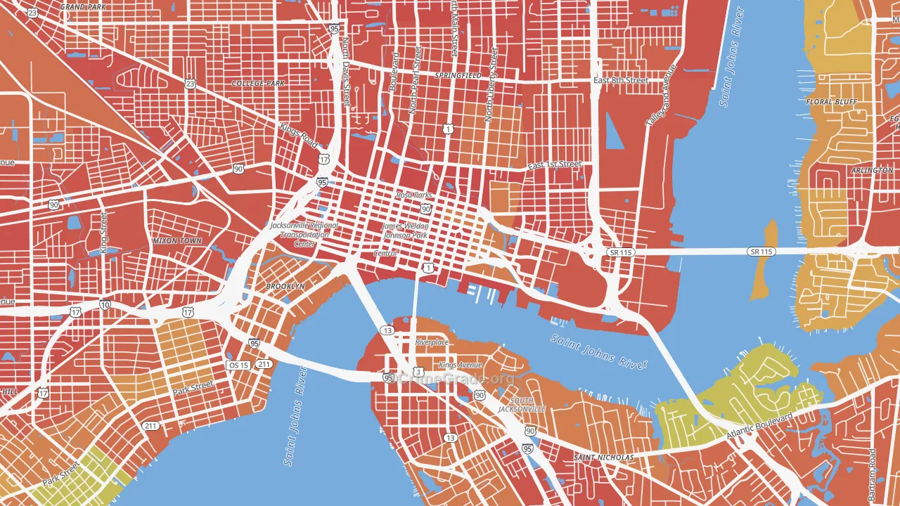 Downtown Jacksonville, Jacksonville, FL Map of Robbery Rates