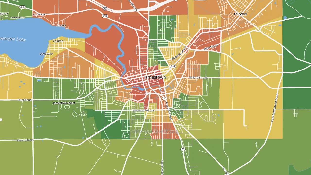 Downtown Jamestown, Jamestown, NY Map of Robbery Rates