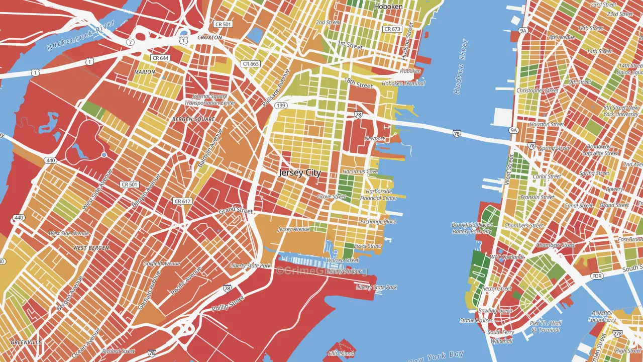 Downtown Jersey City, Jersey City, NJ Map of Robbery Rates