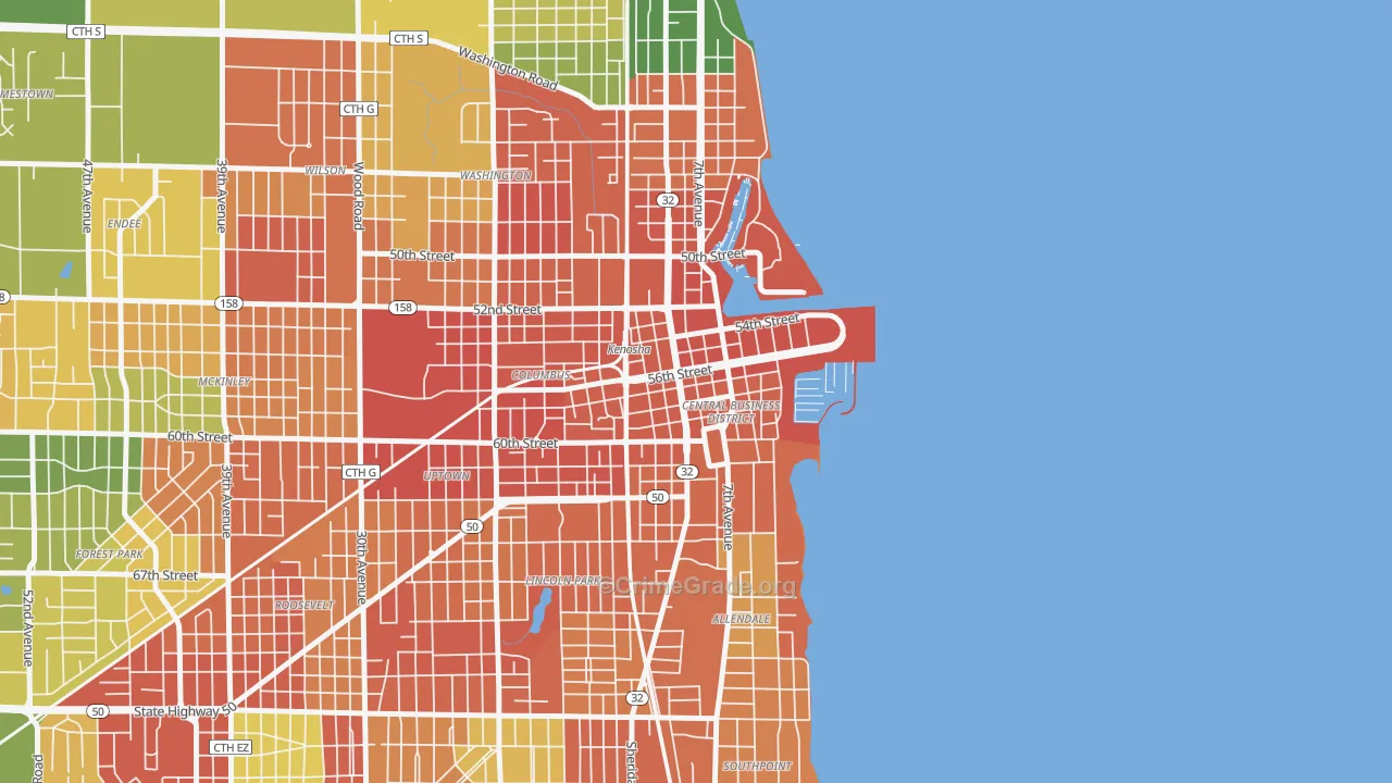 Downtown, Kenosha, WI Map of Robbery Rates
