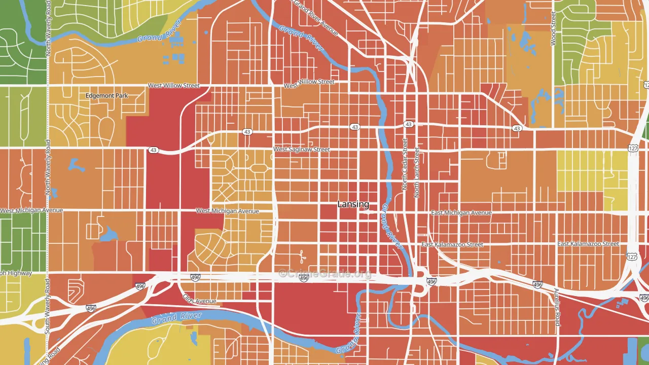 Downtown Lansing, Lansing, MI Map of Robbery Rates