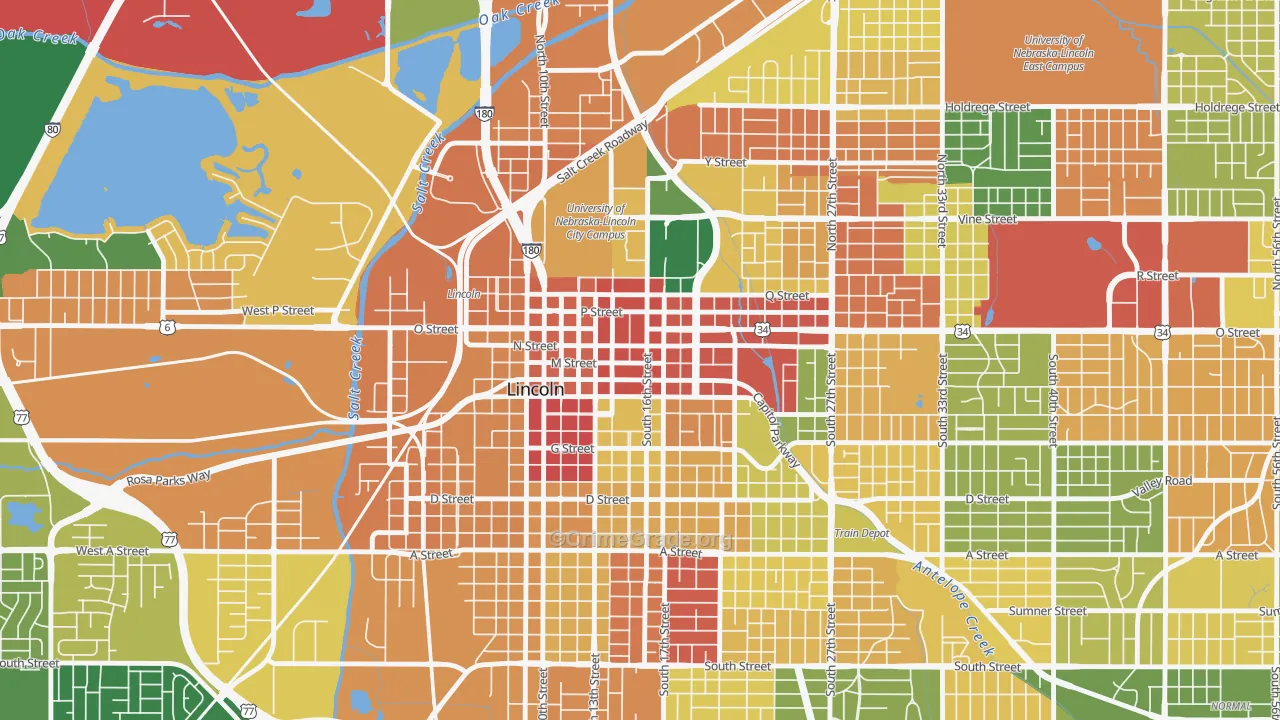 Downtown Lincoln, Lincoln, NE Map of Robbery Rates
