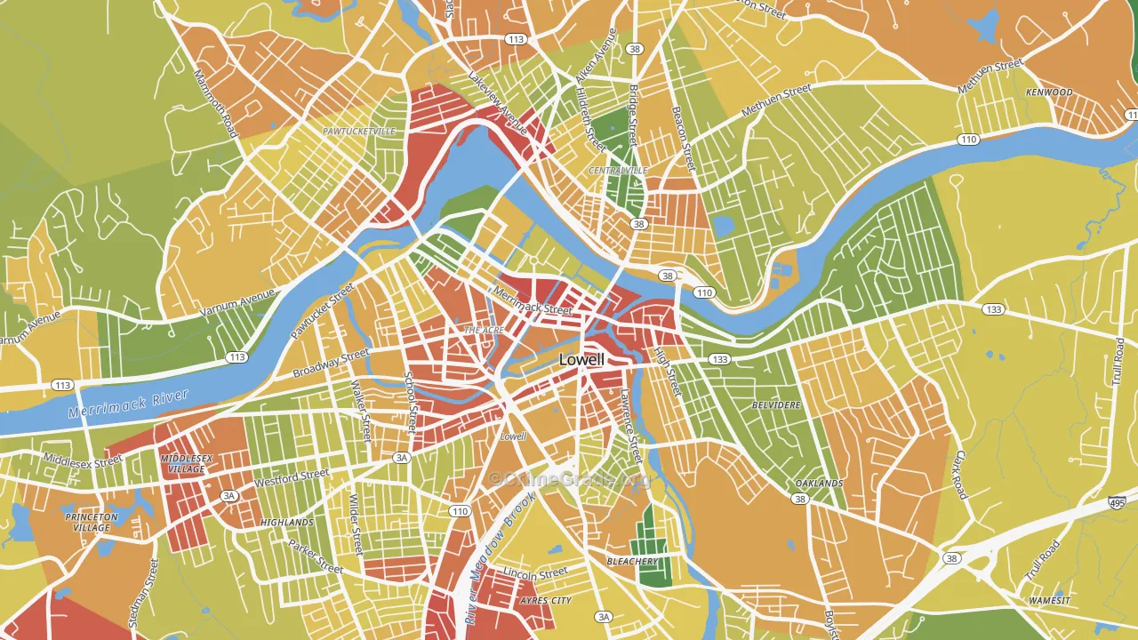 Downtown Lowell, Lowell, MA Map of Robbery Rates