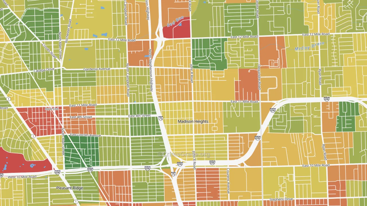 Downtown Madison Heights, Madison Heights, MI Map of Robbery Rates