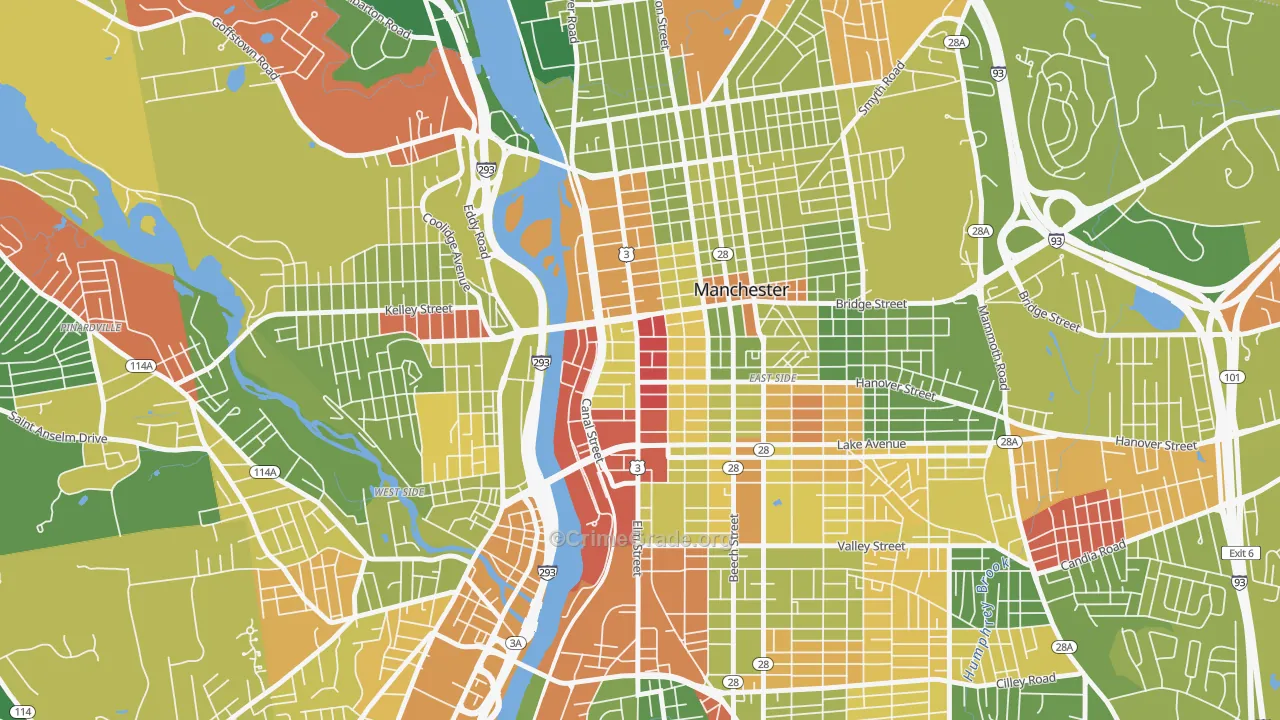 Downtown, Manchester, NH Map of Robbery Rates