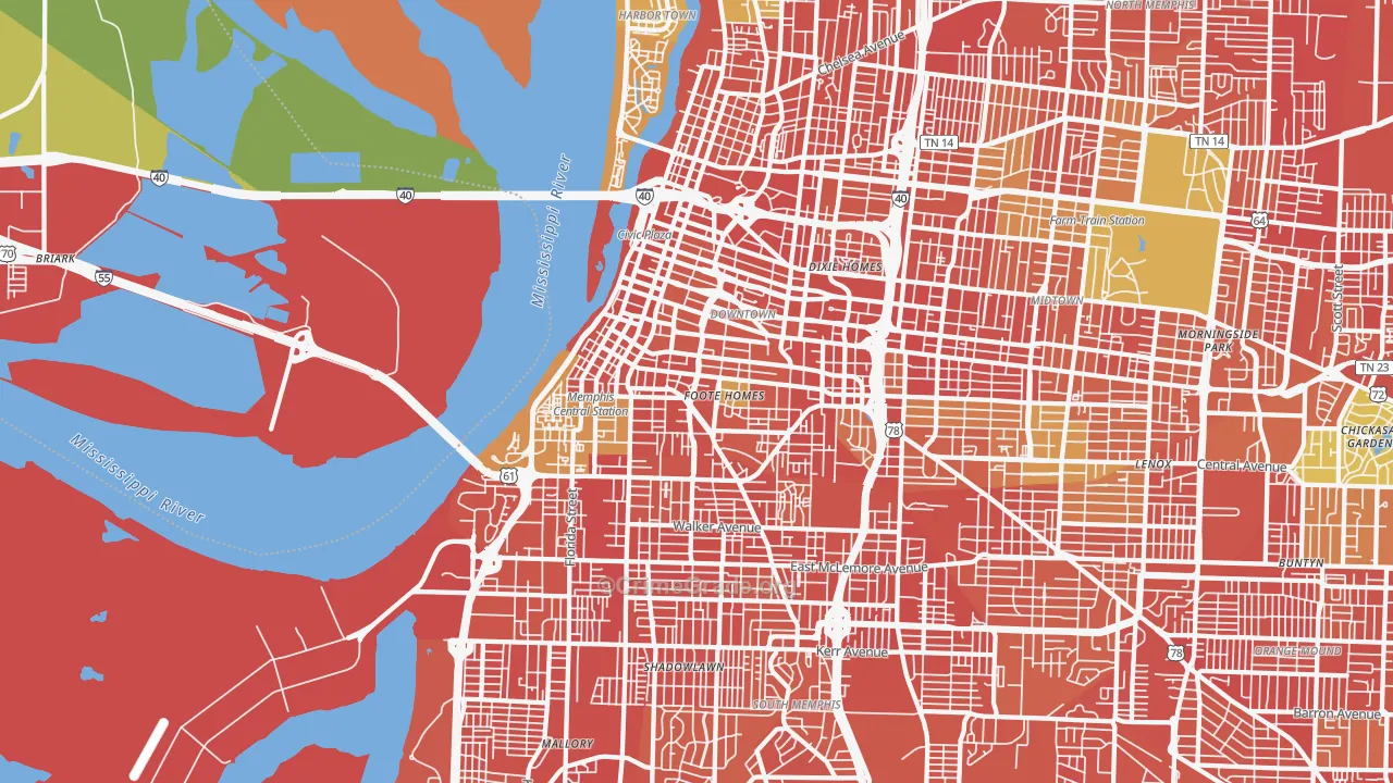 Downtown Memphis, Memphis, TN Map of Robbery Rates