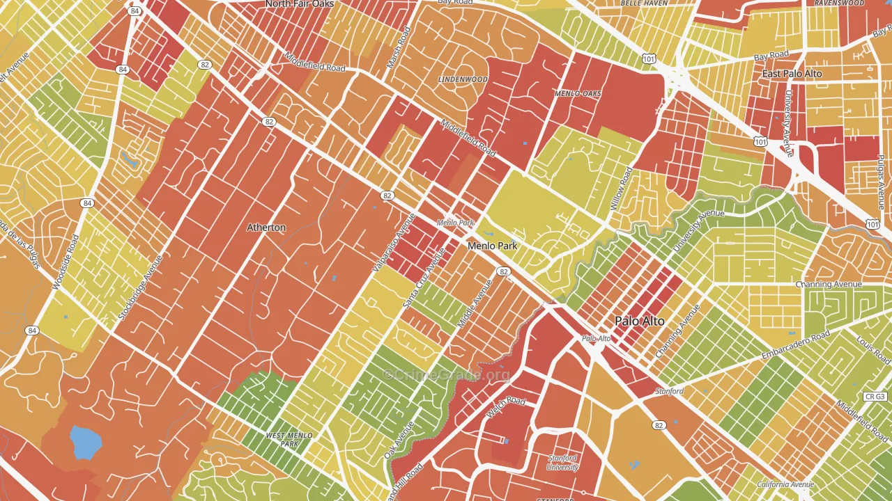 Downtown Menlo Park, Menlo Park, CA Map of Robbery Rates
