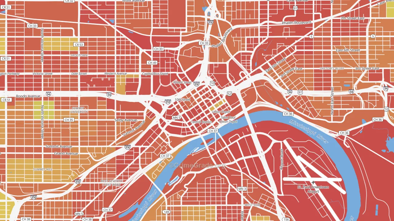 Downtown Minneapolis, St. Paul, MN Map of Robbery Rates