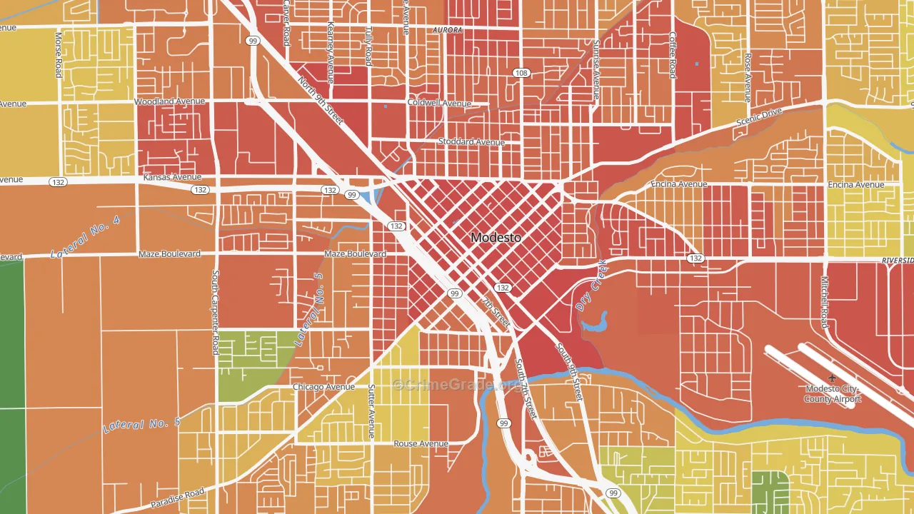 Downtown Modesto, Modesto, CA Map of Robbery Rates
