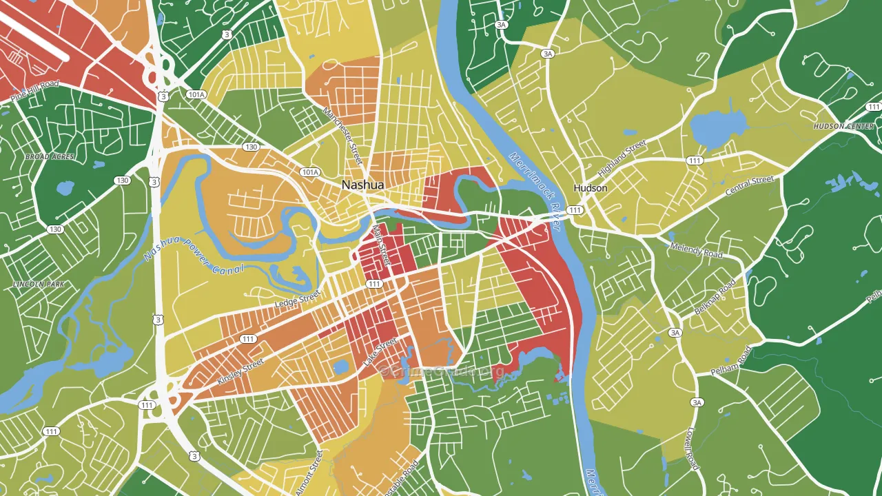 Downtown Nashua, Nashua, NH Map of Robbery Rates