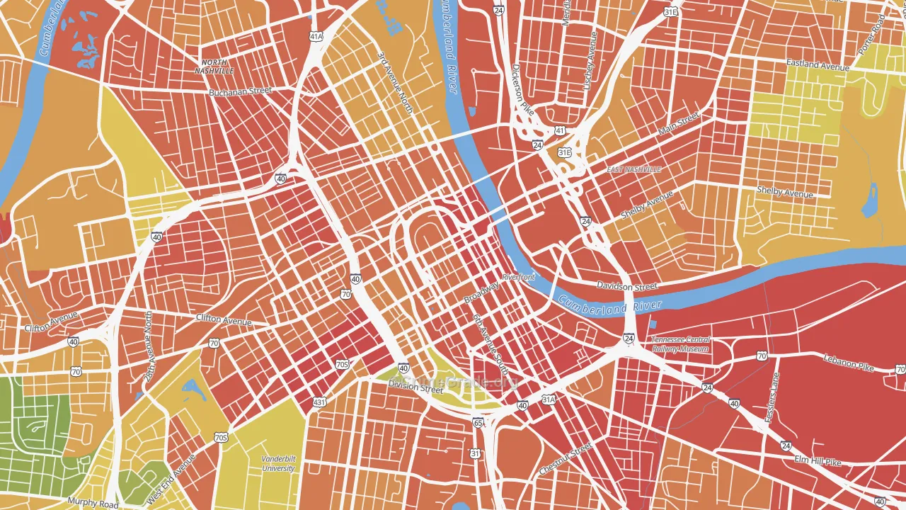 Downtown Nashville, Nashville, TN Map of Robbery Rates