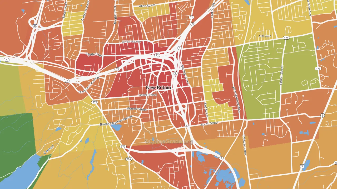 Downtown New Britain, New Britain, CT Map of Robbery Rates