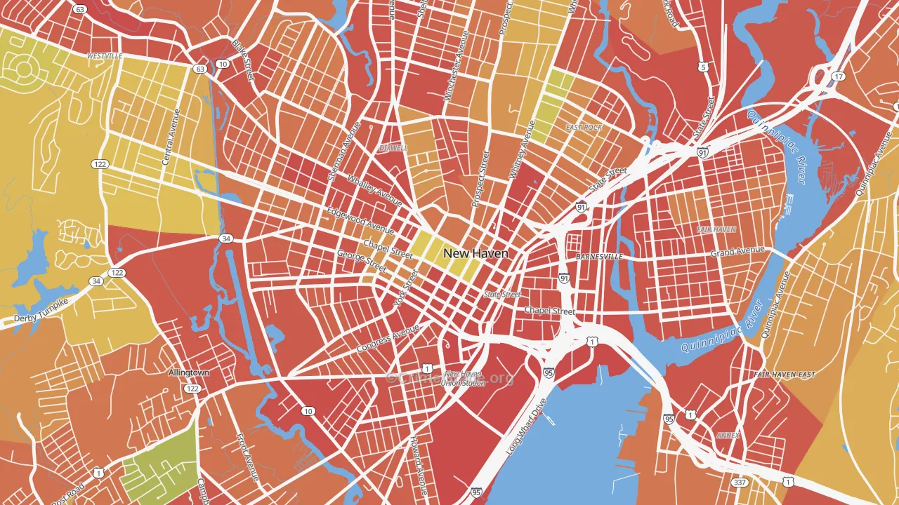 Downtown New Haven, New Haven, CT Map of Robbery Rates