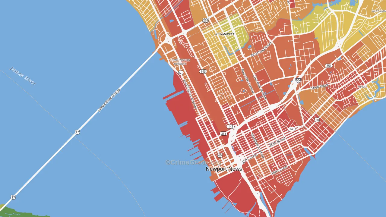 Downtown Newport News, Newport News, VA Map of Robbery Rates