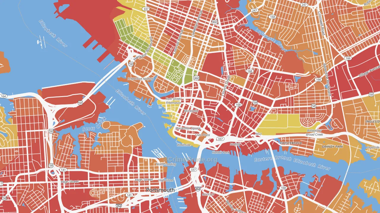 Downtown Norfolk, Norfolk, VA Map of Robbery Rates