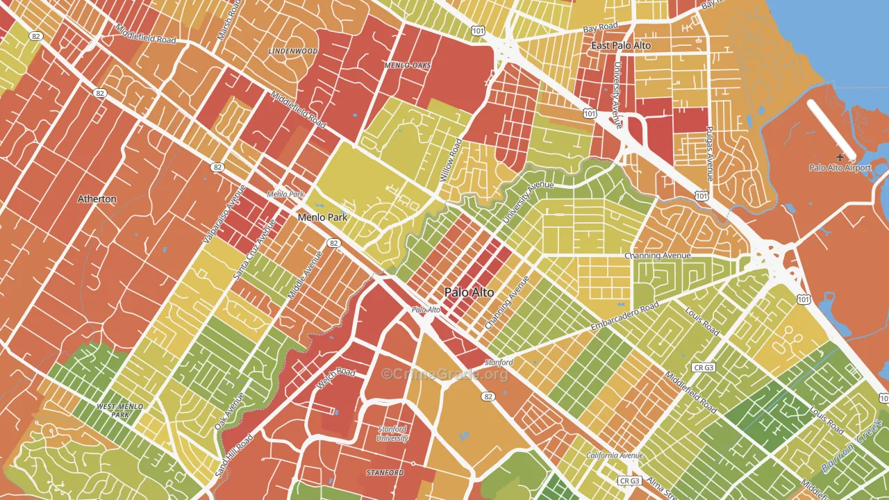 Downtown North San Jose, Palo Alto, CA Map of Robbery Rates