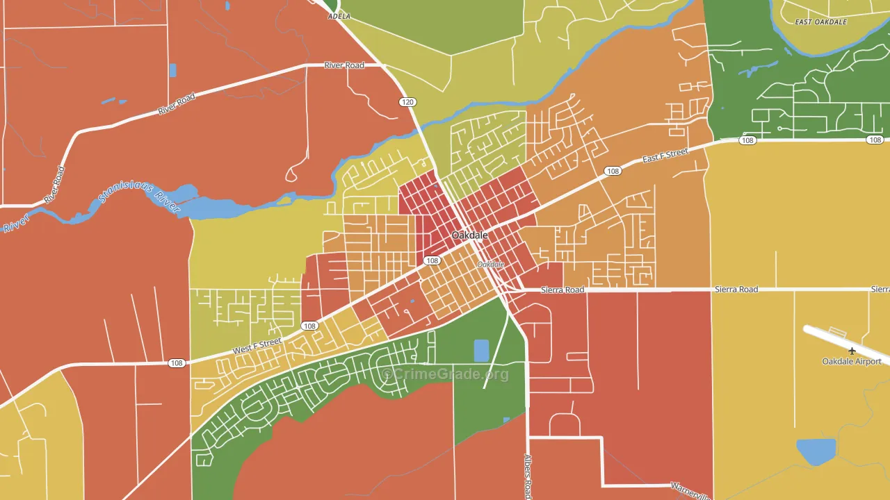 Downtown Oakdale, Oakdale, CA Map of Robbery Rates