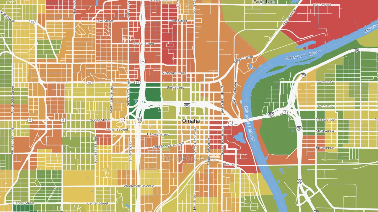 Downtown Omaha, Omaha, NE Map of Robbery Rates