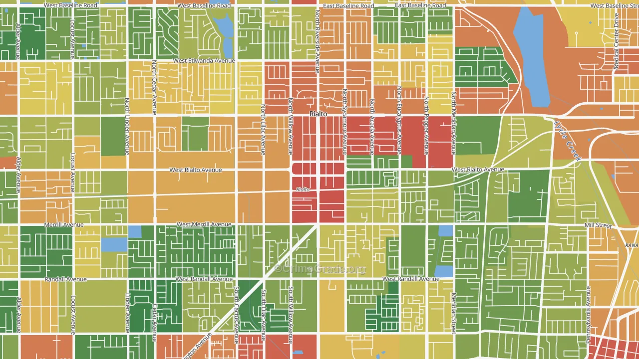 Downtown Rialto, Rialto, CA Map of Robbery Rates