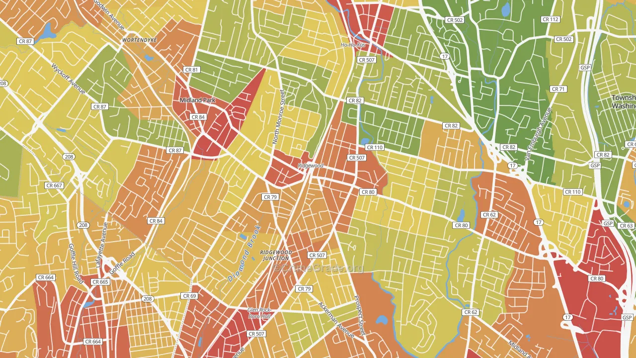 Downtown Ridgewood, Ridgewood, NJ Map of Robbery Rates