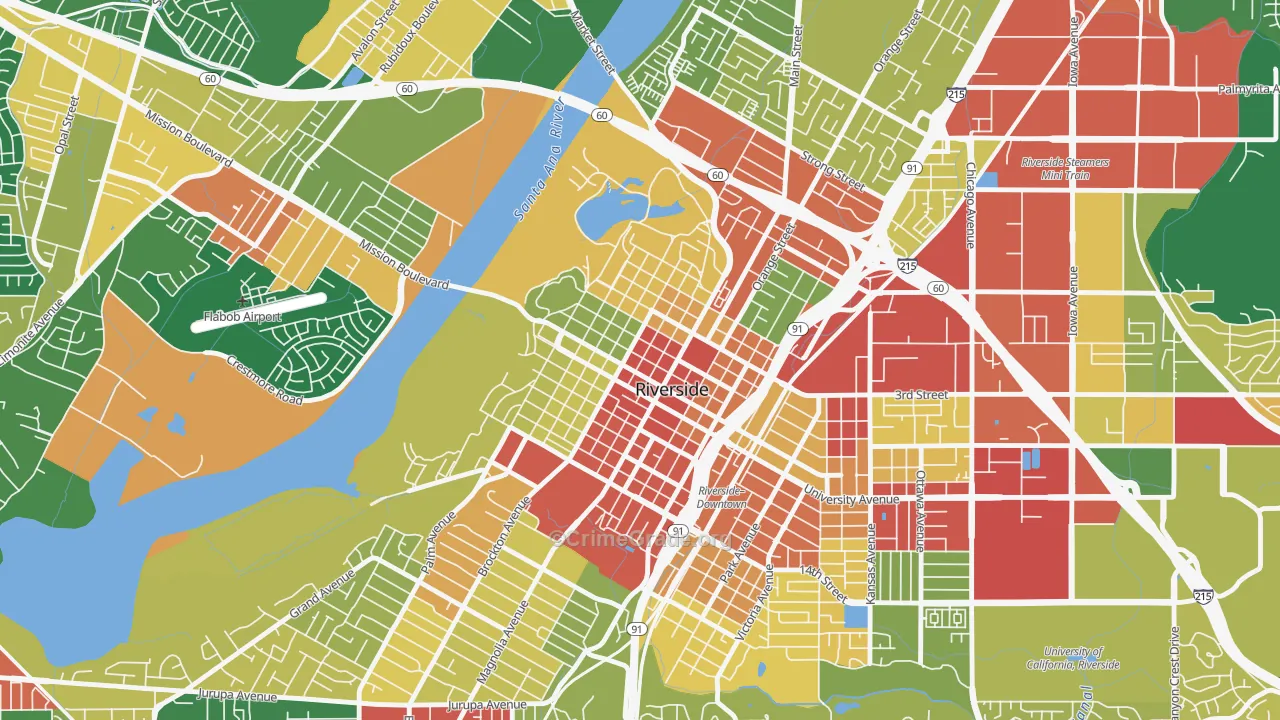 Downtown Riverside, Riverside, CA Map of Robbery Rates