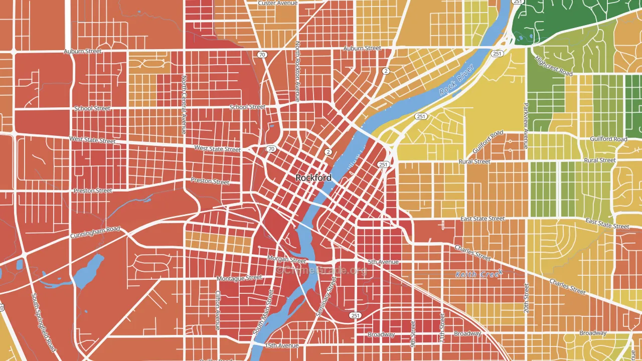 Downtown Rockford, Rockford, IL Map of Robbery Rates