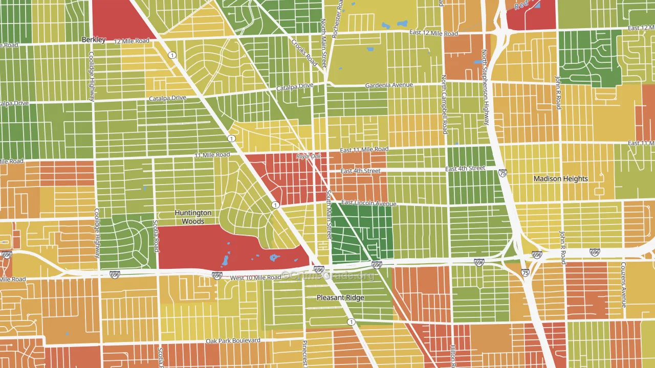 Downtown Royal Oak, Royal Oak, MI Map of Robbery Rates