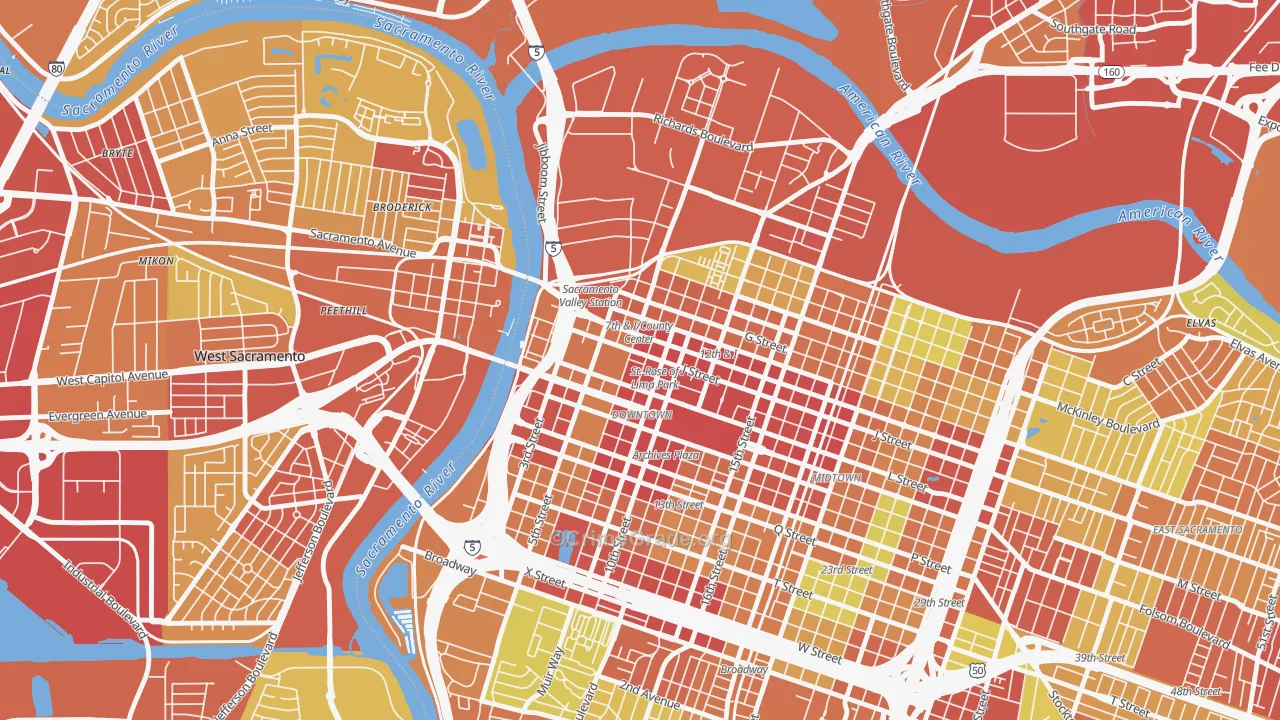 Downtown Sacramento, Sacramento, CA Map of Robbery Rates