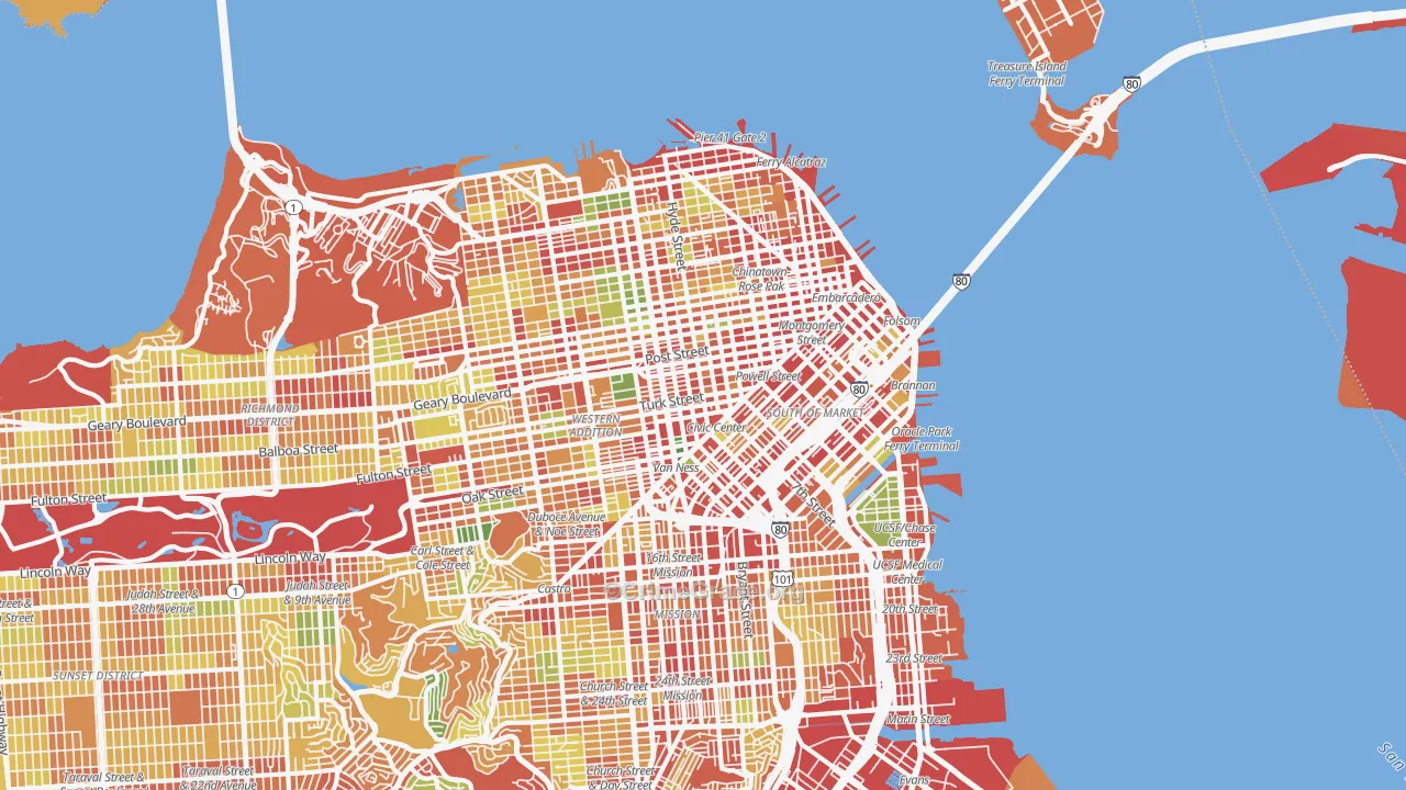 Downtown San Francisco, San Francisco, CA Map of Robbery Rates