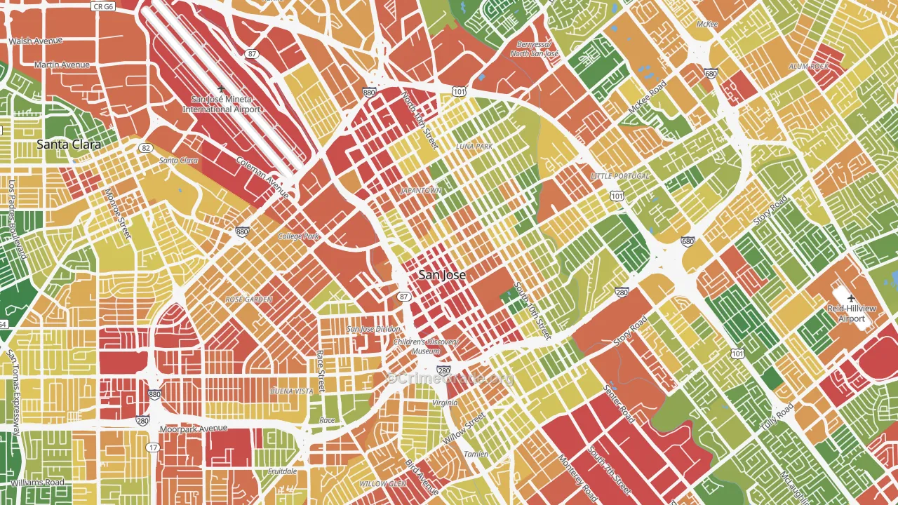 Downtown San Jose, San Jose, CA Map of Robbery Rates