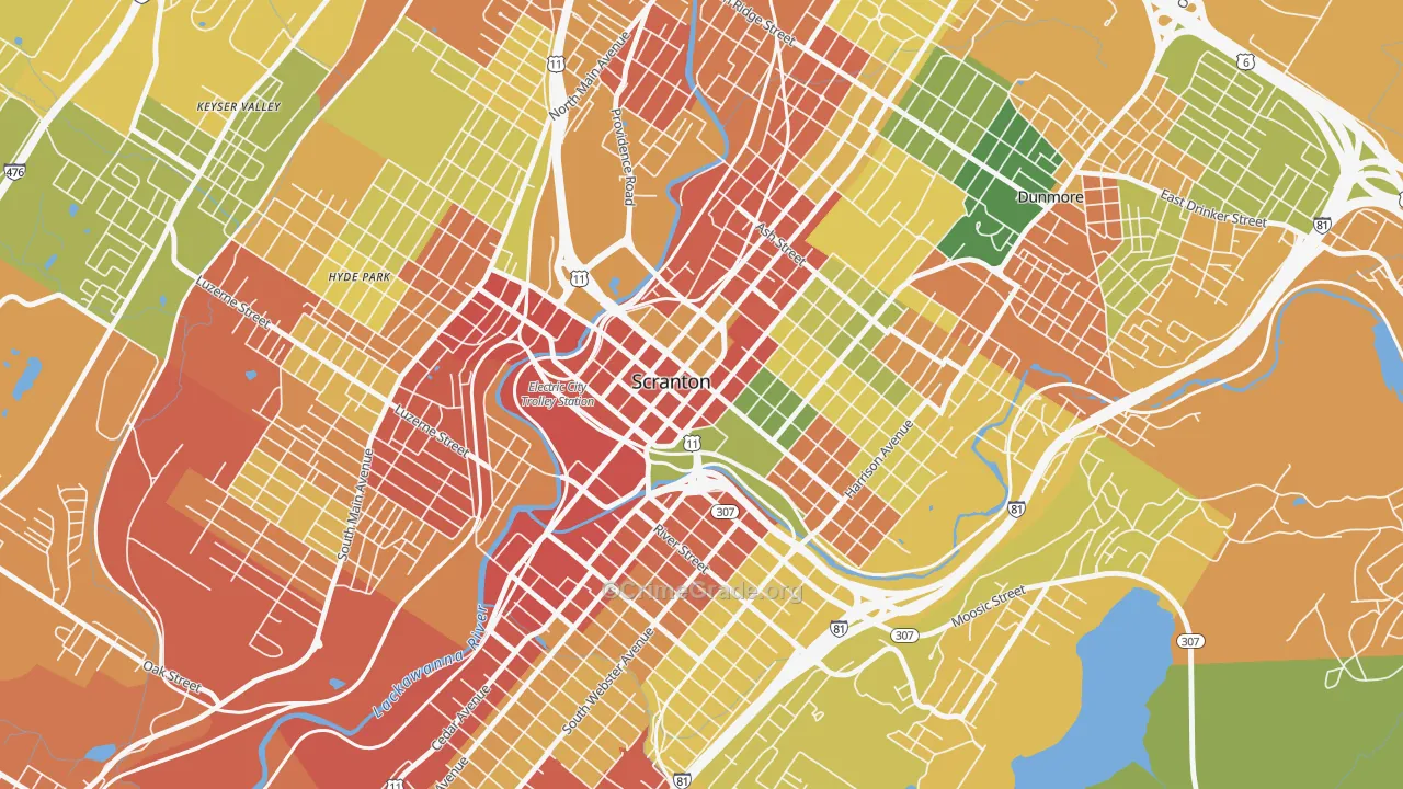 Downtown, Scranton, PA Map of Robbery Rates