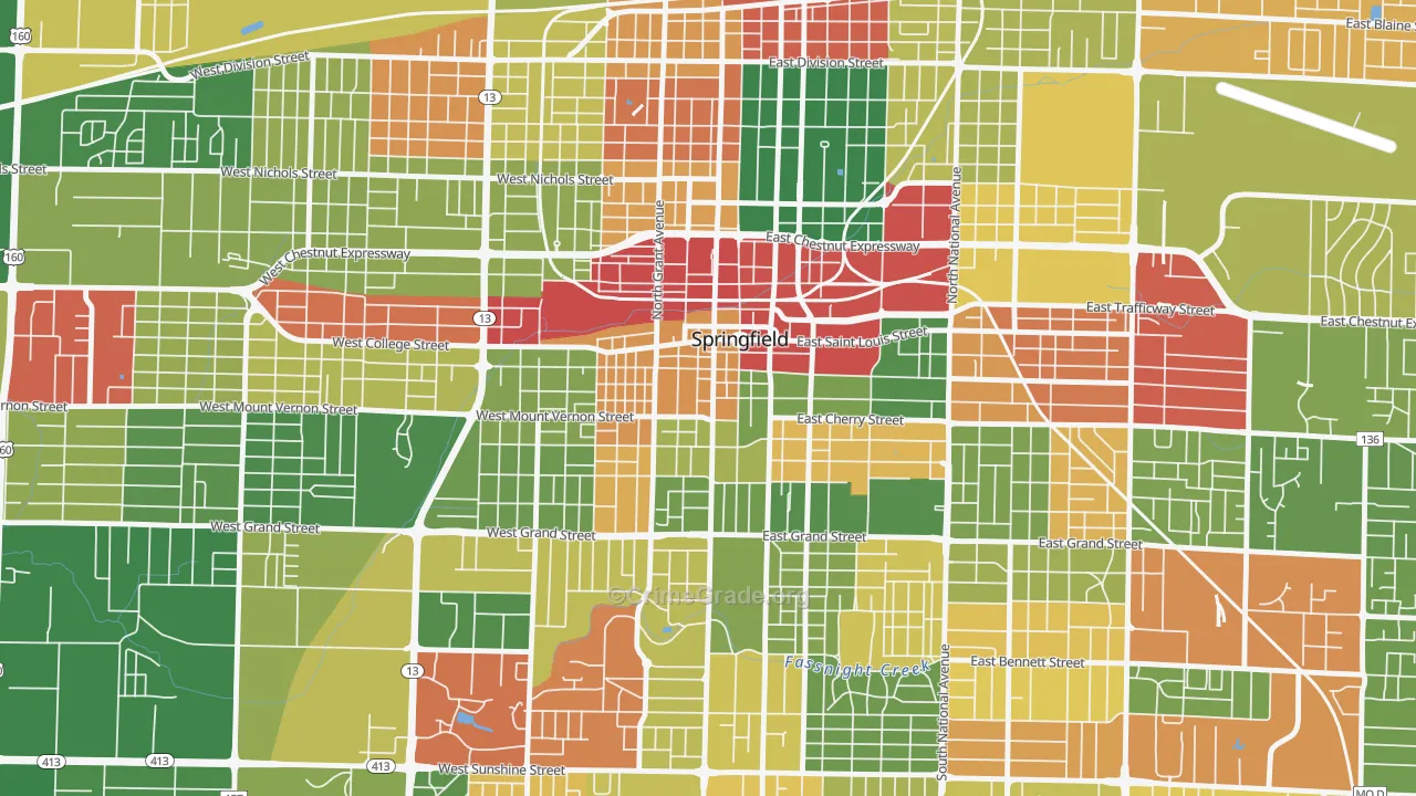Downtown Springfield, Springfield, MO Map of Robbery Rates
