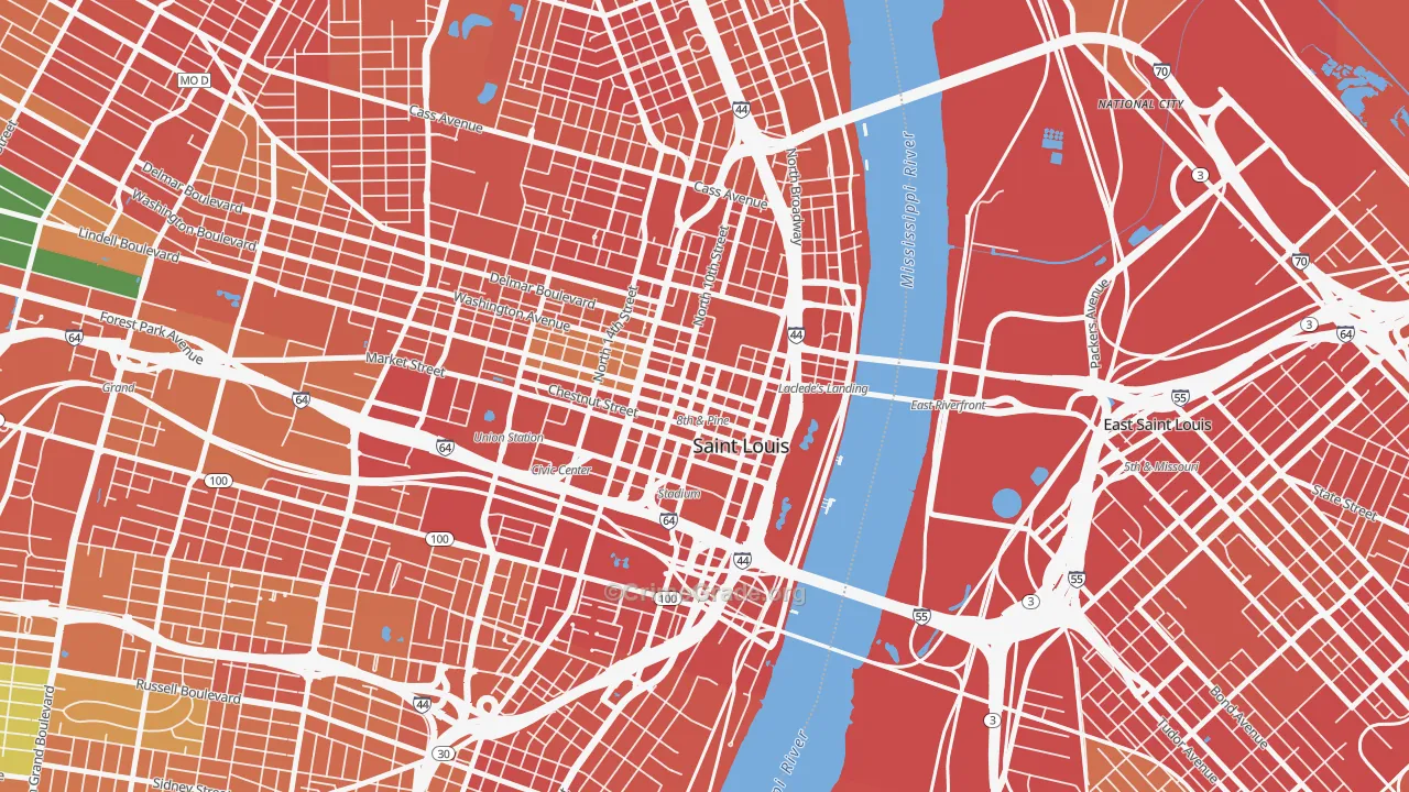 Downtown, St. Louis, MO Map of Robbery Rates