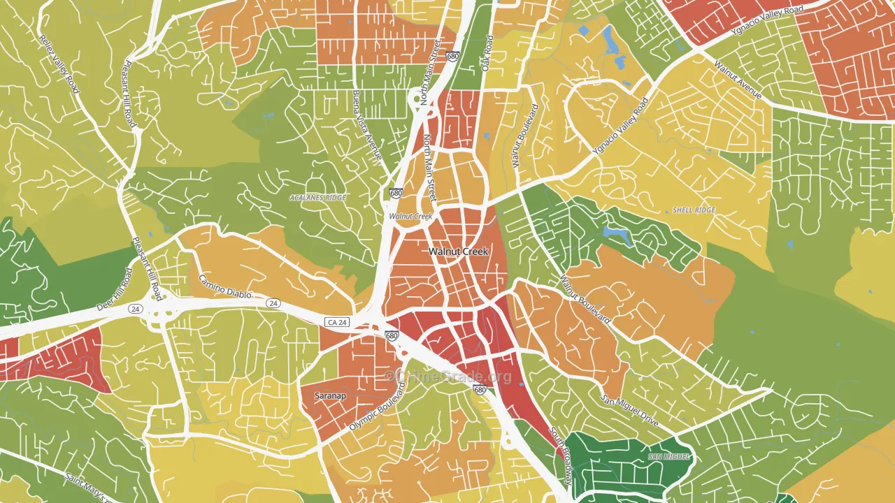 Downtown Walnut Creek, Walnut Creek, CA Map of Robbery Rates
