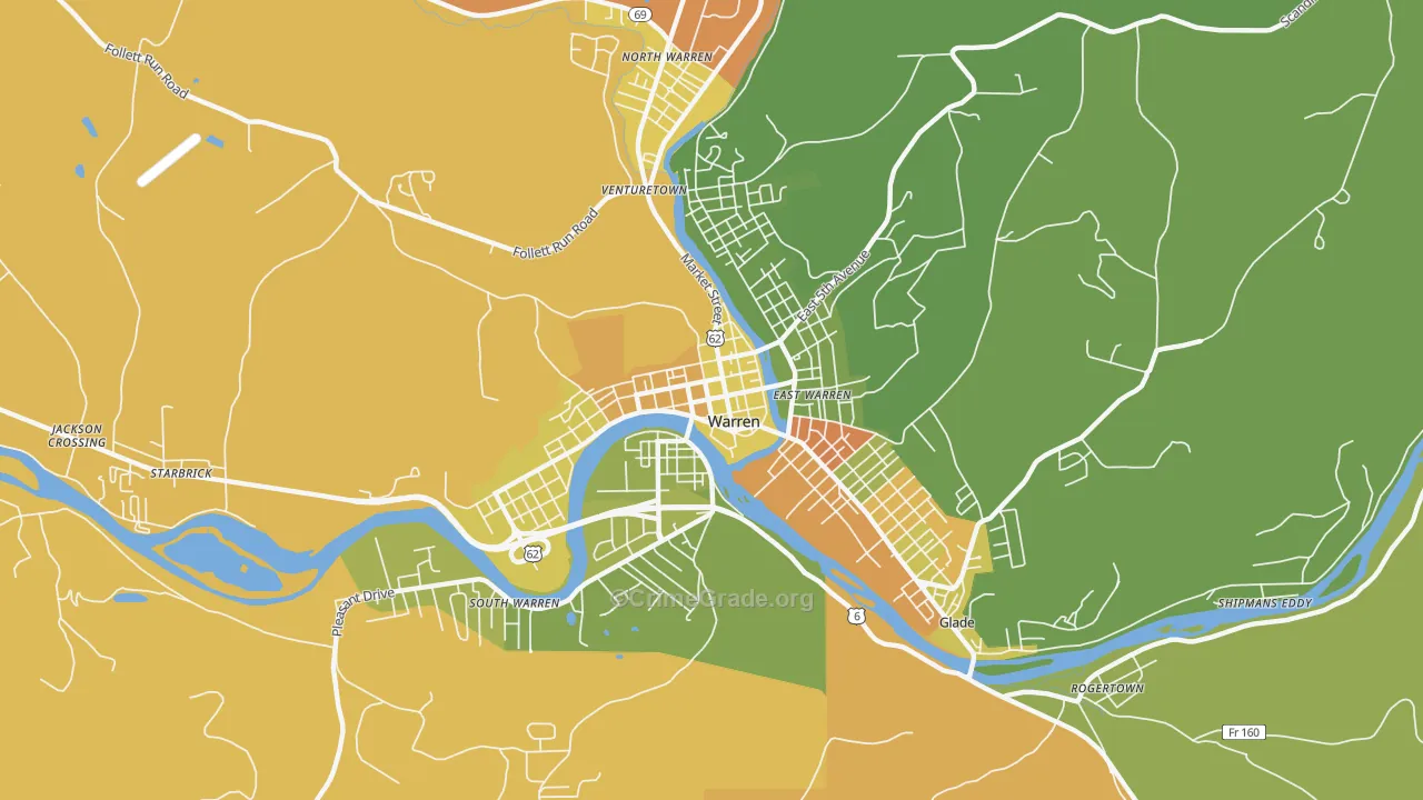 Downtown Warren, Warren, PA Map of Robbery Rates