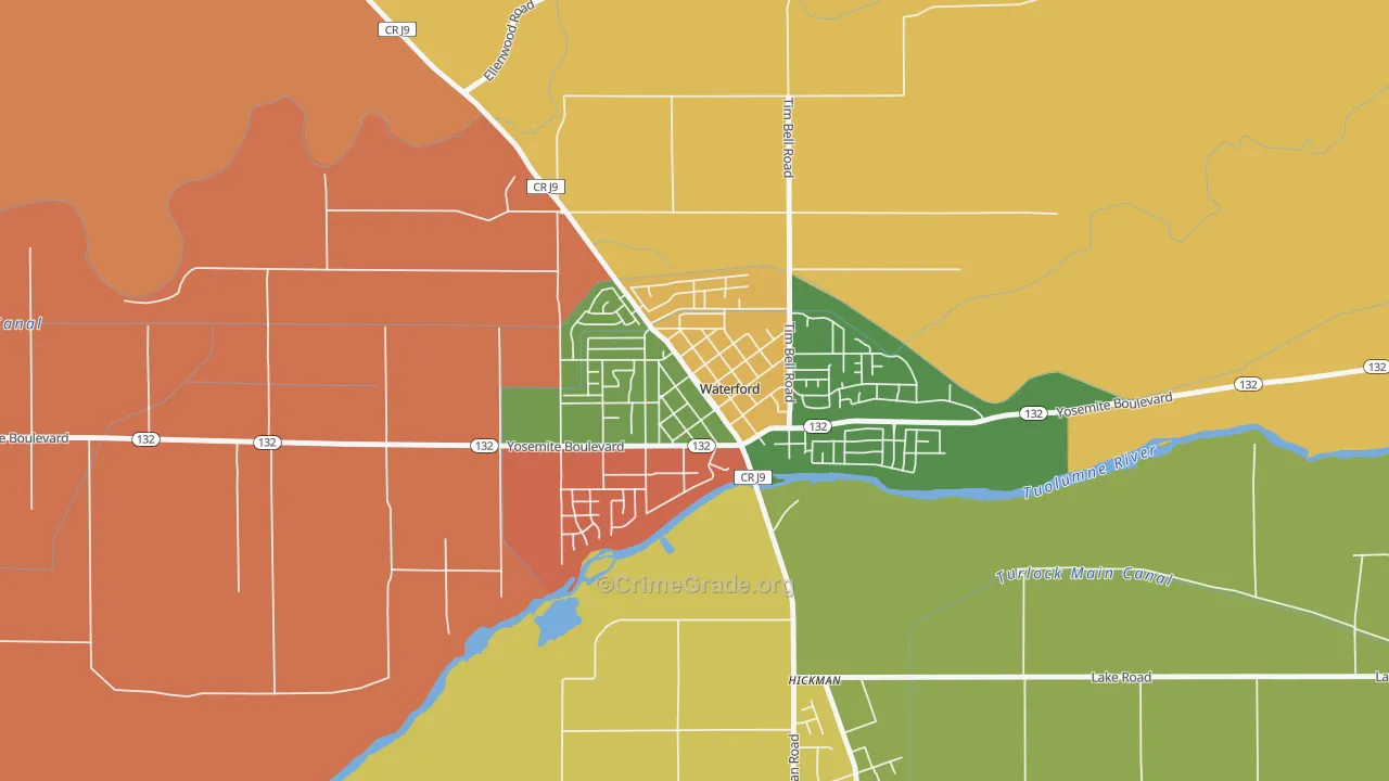 Downtown Waterford, Waterford, CA Map of Robbery Rates
