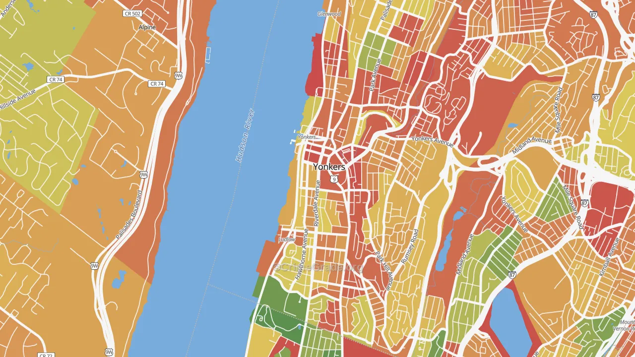 Downtown Yonkers, Yonkers, NY Map of Robbery Rates