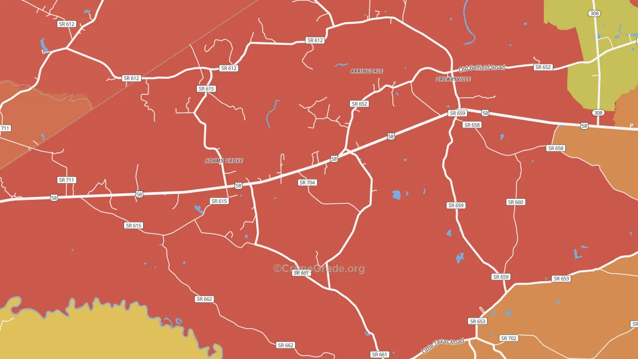 Drewryville, VA Map of Robbery Rates