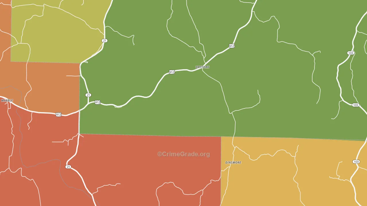 Dryfork, AR Map of Robbery Rates